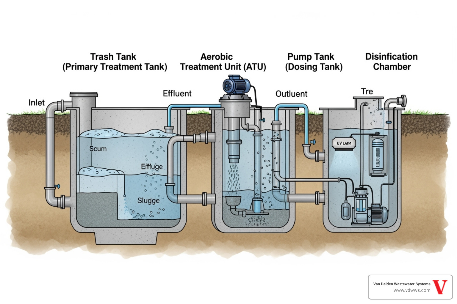 Aerobic treatment unit with oxygen injection components