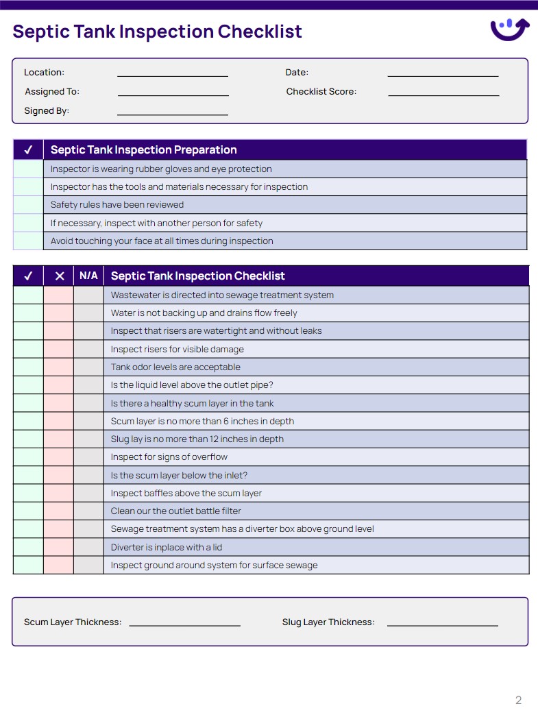 Septic system inspection checklist form