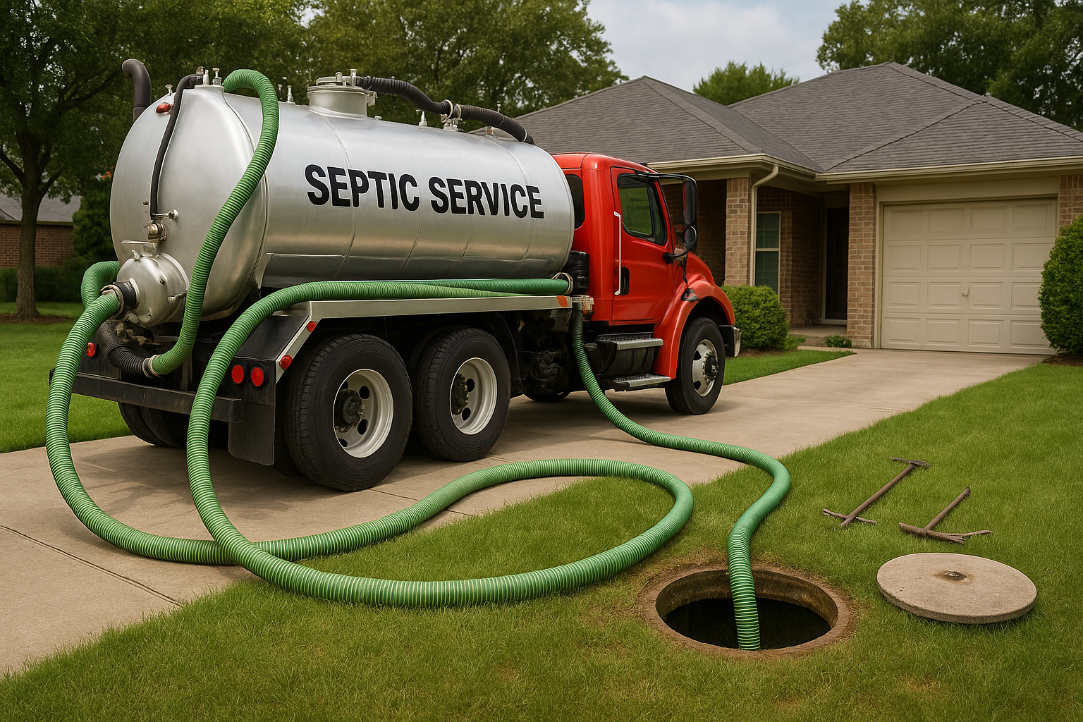Septic pumping truck performing maintenance service